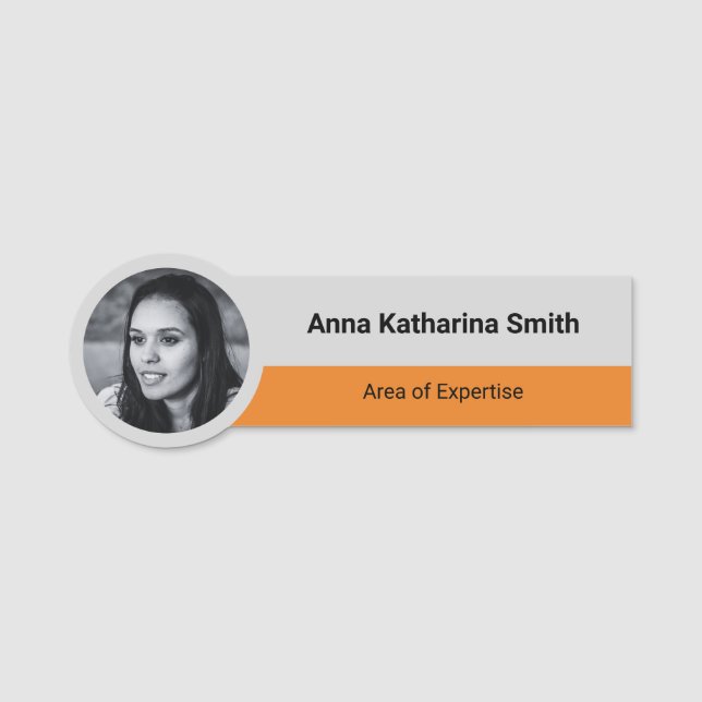 Simple Gray Black Orange Profile Image Expertise Name Tag (Front)