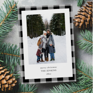 Simple Gray Black Plaid Border 2 Photos Christmas Holiday Card