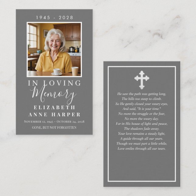 Simple Gray Cross Photo Funeral Prayer Card (Front/Back)
