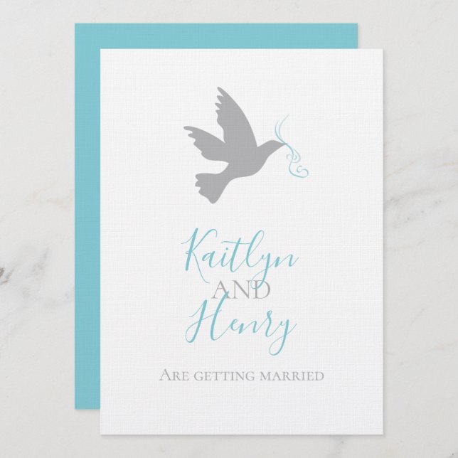 Simple gray dove with aqua blue ribbon wedding invitation (Front/Back)