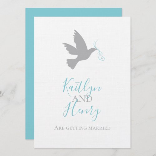 Simple gray dove with aqua blue ribbon wedding invitation