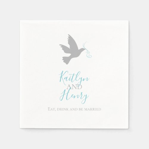 Simple gray dove with aqua blue ribbons wedding napkins