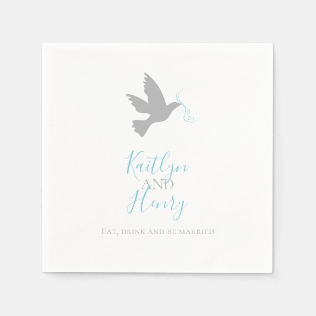 Simple gray dove with aqua blue ribbons wedding napkins (Front)