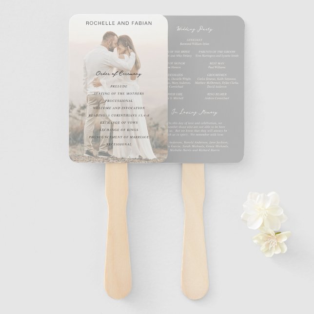 Simple Gray Elegant Wedding Program Hand Fan (Front and Back)