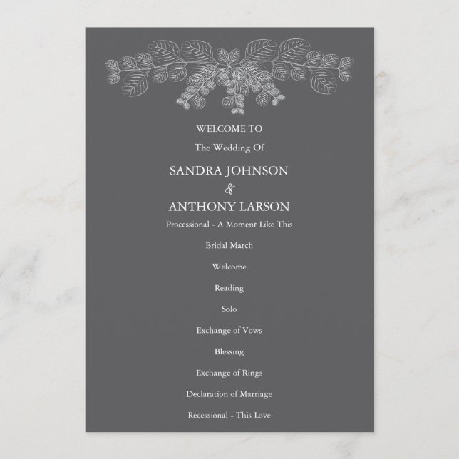 Simple Gray Eucalyptus Line Art Wedding  Program (Front)