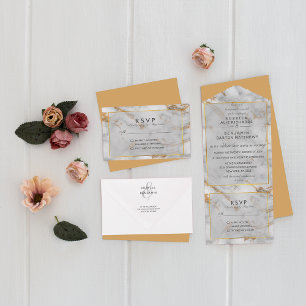 Simple Gray Gold Marble Agate Elegant All In One Invitation