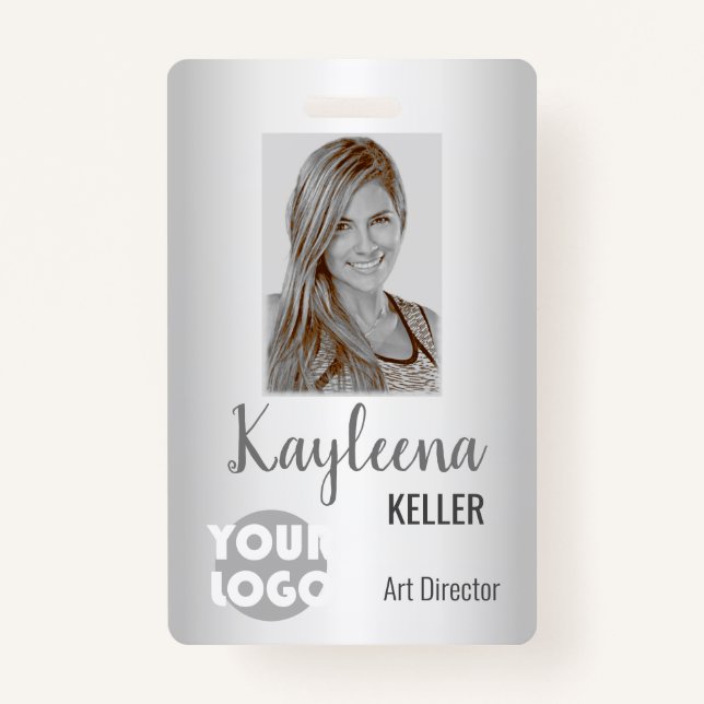 Simple Gray Grey Ombre Logo Barcode ID Photo Badge (Front)