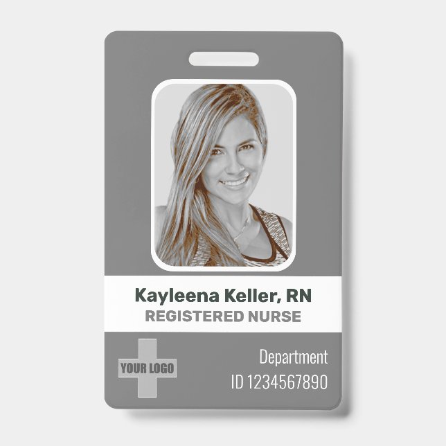 Simple Gray Grey White Photo Logo Barcode ID Nurse Badge (Front)