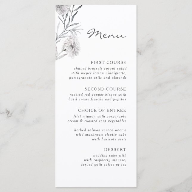 Simple gray Hand-drawn flower. Botanical Wedding Menu (Front)