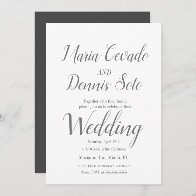 Simple Gray Lettering Script Calligraphy Wedding Invitation (Front/Back)