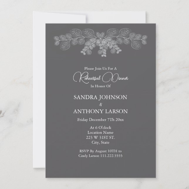 Simple Gray Line Art Eucalyptus Rehearsal  Invitation (Front)