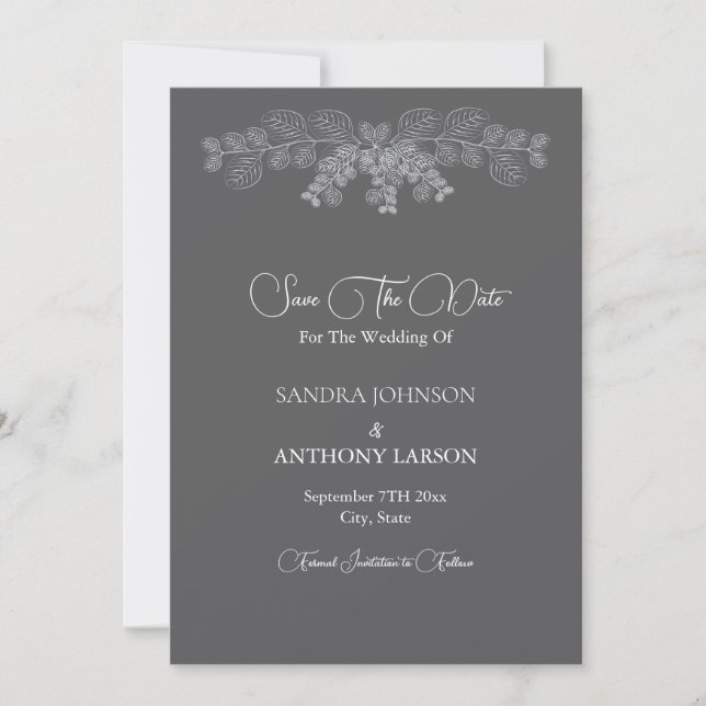 Simple Gray Line Art Eucalyptus Save The Date (Front)