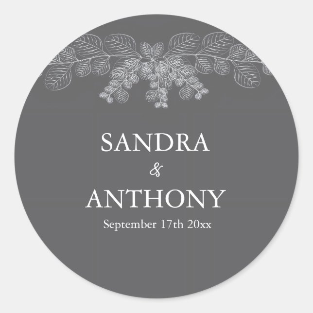Simple Gray Line Art Eucalyptus  Wedding Classic Round Sticker (Front)