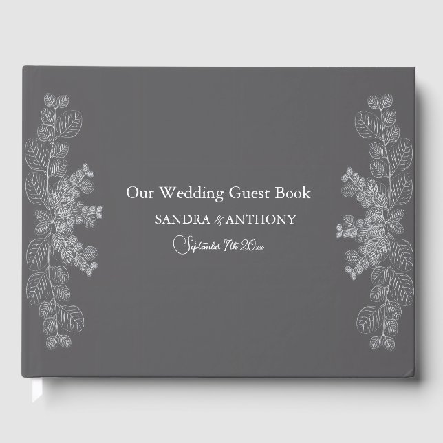 Simple Gray Line Art Eucalyptus Wedding Guest Book (Front)