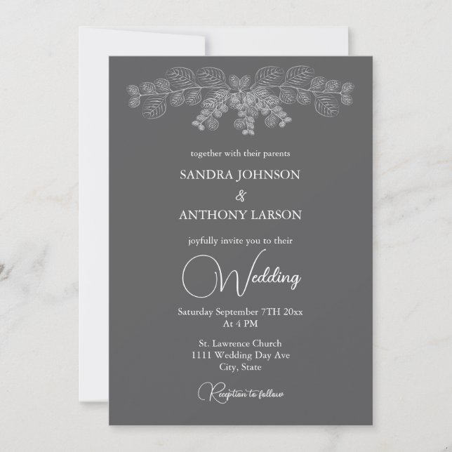Simple Gray Line Art Eucalyptus Wedding Invitation (Front)