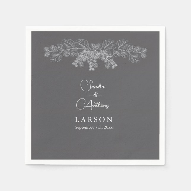 Simple Gray Line Art Eucalyptus Wedding Napkins (Front)