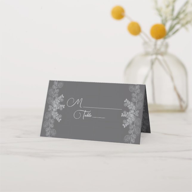 Simple Gray Line Art Eucalyptus Wedding Place Card (Front)