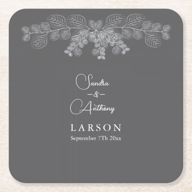 Simple Gray Line Art Eucalyptus  Wedding  Square Paper Coaster (Front)