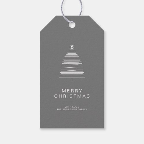 Simple Gray Line Art Merry Christmas Tree Gift Tags