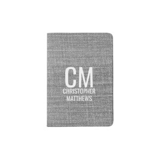 Simple Gray Linen And White Masculine Monogram  Passport Holder