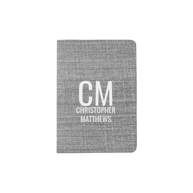 Simple Gray Linen And White Masculine Monogram  Passport Holder (Front)