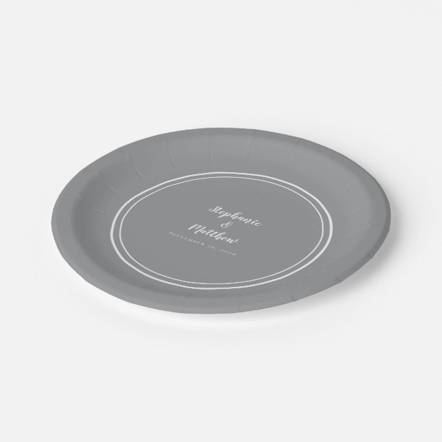 Simple Gray Modern Bride Groom Couple Wedding  Paper Plates (Angled)