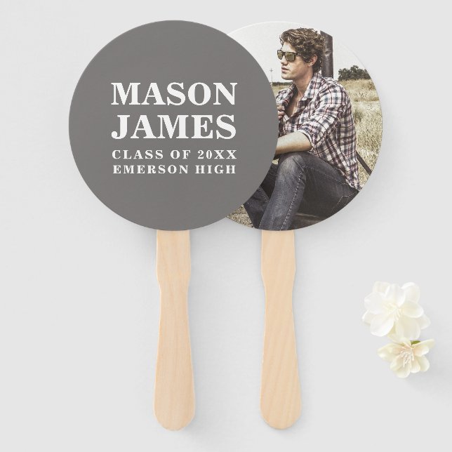 Simple Gray Modern Photo Graduation Hand Fan (Front and Back)