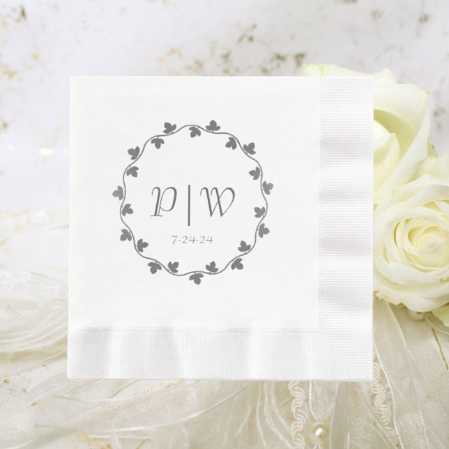 Simple Gray Monogram Ivy Wreath Wedding Napkins (In Situ Wedding)