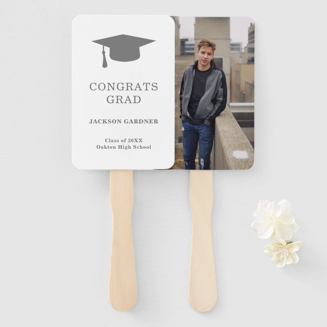 Simple Gray Mortar Board Modern Graduation Hand Fan (Front and Back)