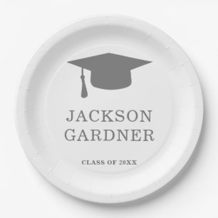 Simple Gray Mortar Board Modern Graduation Paper Plates