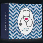 Simple Gray Nursing Stethoscope on Blue Chevron 3 Ring Binder<br><div class="desc">A personalized binder with a title on the spine. Designed with an oval frame and inside is a gray stethoscope,  a red heart and a personalized name. Set on a blue chevron pattern with faux glitter. No real glitter,  it's just an image of glitter.</div>
