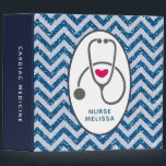 Simple Gray Nursing Stethoscope on Blue Chevron 3 Ring Binder<br><div class="desc">A personalized binder with a title on the spine. Designed with an oval frame and inside is a gray stethoscope,  a red heart and a personalized name. Set on a blue chevron pattern with faux glitter. No real glitter,  it's just an image of glitter.</div>