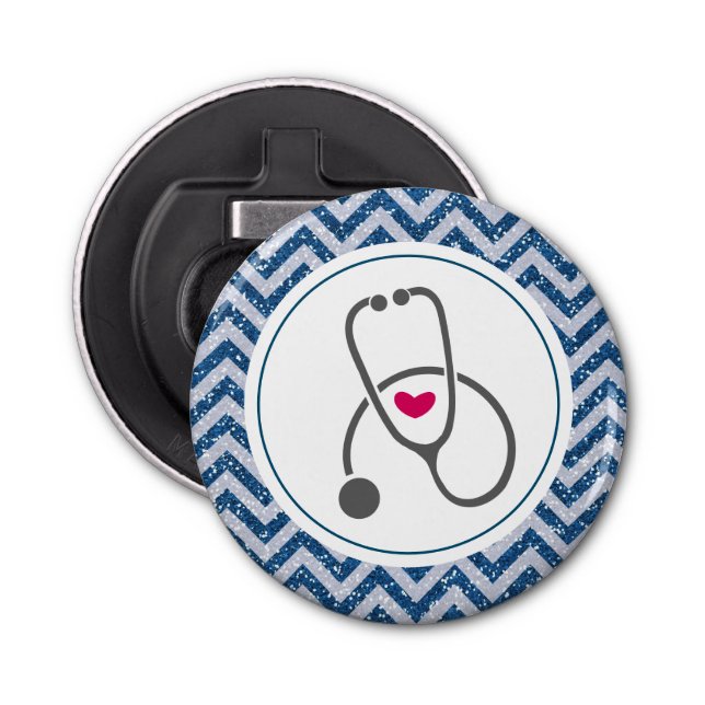 Simple Gray Nursing Stethoscope on Blue Chevron Bottle Opener (Front)