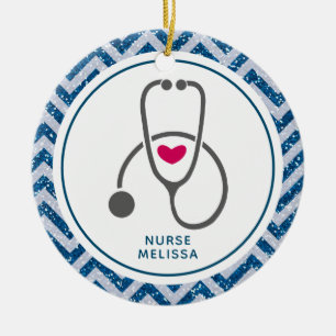 Simple Gray Nursing Stethoscope on Blue Chevron Ceramic Ornament