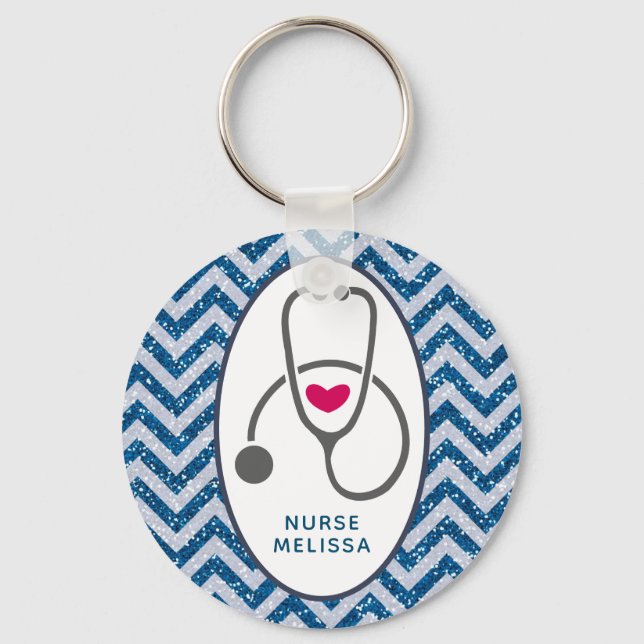 Simple Gray Nursing Stethoscope on Blue Chevron Keychain (Front)