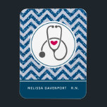 Simple Gray Nursing Stethoscope on Blue Chevron Magnet<br><div class="desc">A personalized magnet with a round frame and inside is a gray stethoscope,  and a red heart. Set on a blue chevron pattern with faux glitter. No real glitter,  it's just 
an image of glitter.</div>