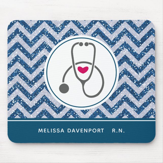 Simple Gray Nursing Stethoscope on Blue Chevron Mouse Pad (Front)