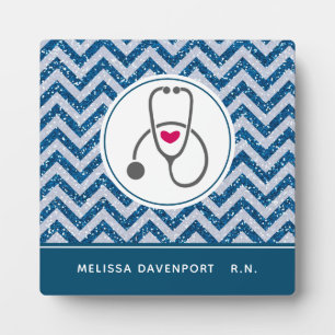 Simple Gray Nursing Stethoscope on Blue Chevron Plaque