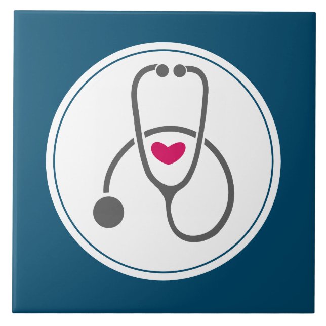 Simple Gray Nursing Stethoscope with Red Heart Ceramic Tile (Front)