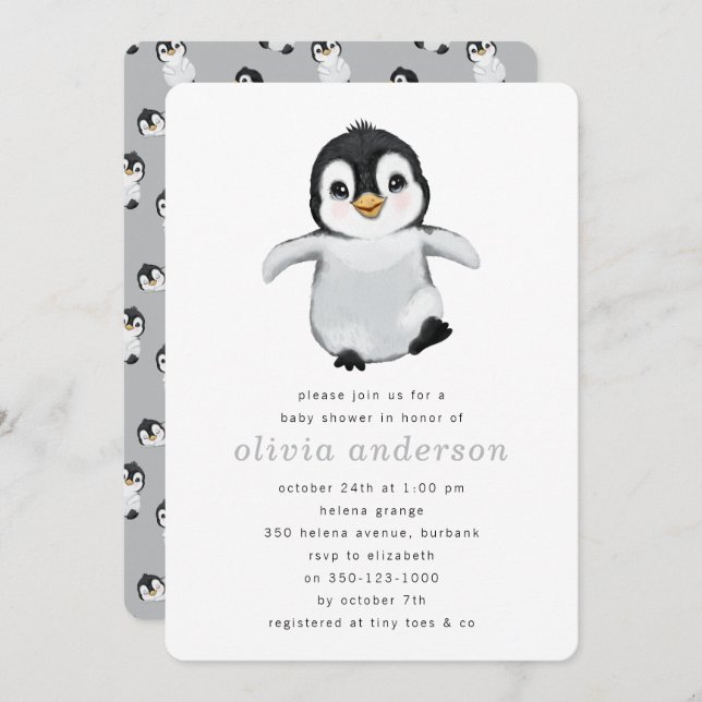 Simple Gray Penguin Winter Baby Shower Invitation (Front/Back)