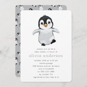 Simple Gray Penguin Winter Baby Shower Invitation