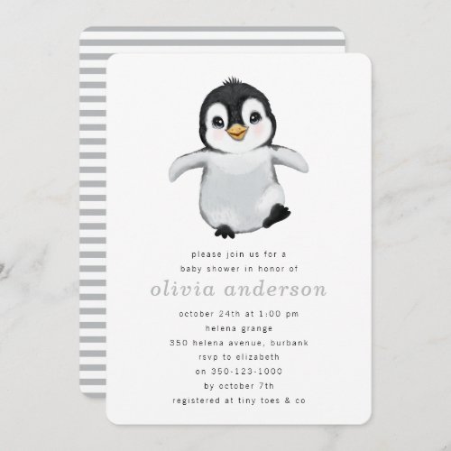 Simple Gray Penguin Winter Baby Shower Invitation