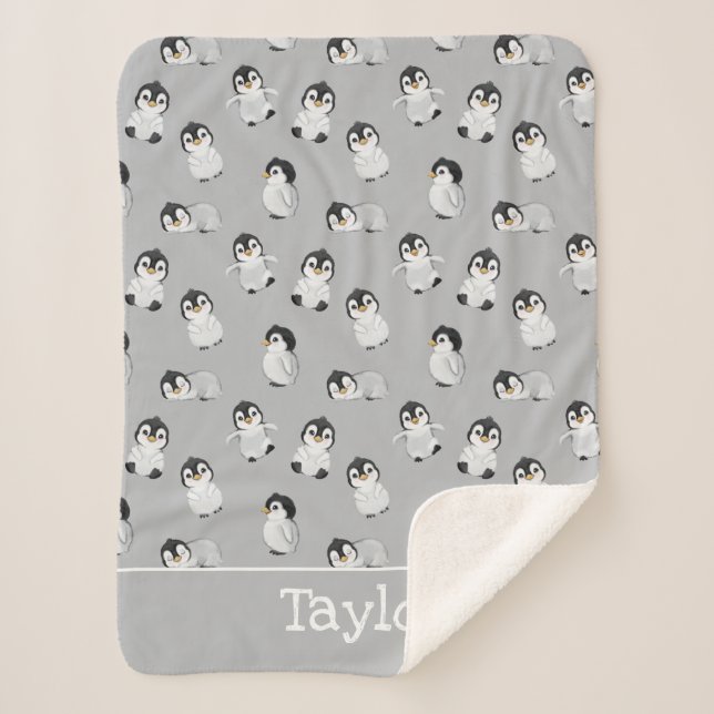 Simple Gray Penguin Winter Baby Shower Sherpa Blanket (Front)