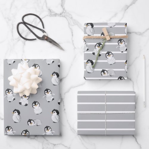 Simple Gray Penguin Winter Baby Shower Wrapping Paper Sheets
