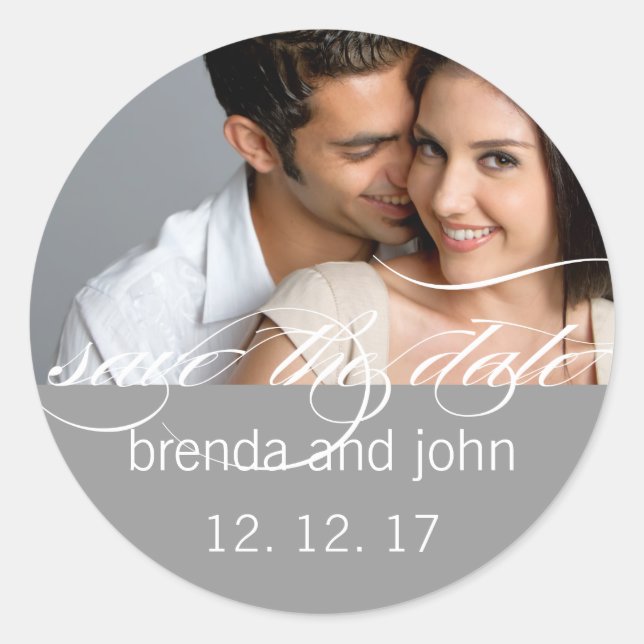 Simple Gray Photo Save the Date Wedding Sticker (Front)