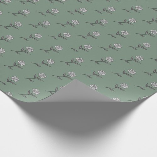 Simple Gray Roses Ditsy Floral Holiday Green Gift Wrapping Paper