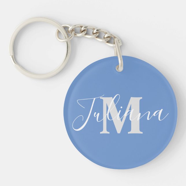 Simple Gray Script Monogrammed  Blue Keychain (Front)