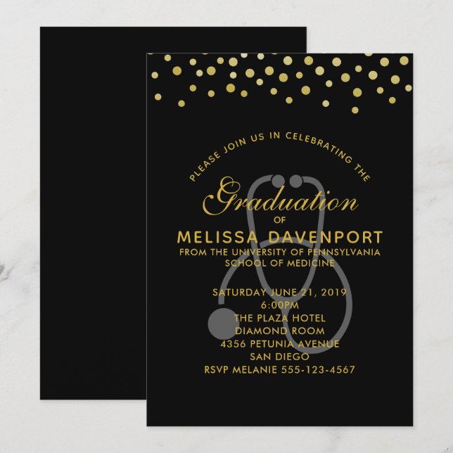 Simple Gray Stethoscope on Black Doctor Graduation Invitation (Front/Back)