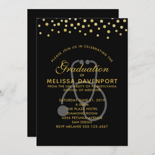 Simple Gray Stethoscope on Black Doctor Graduation Invitation