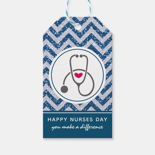 Simple Gray Stethoscope on Blue Chevron Nurses Day Gift Tags